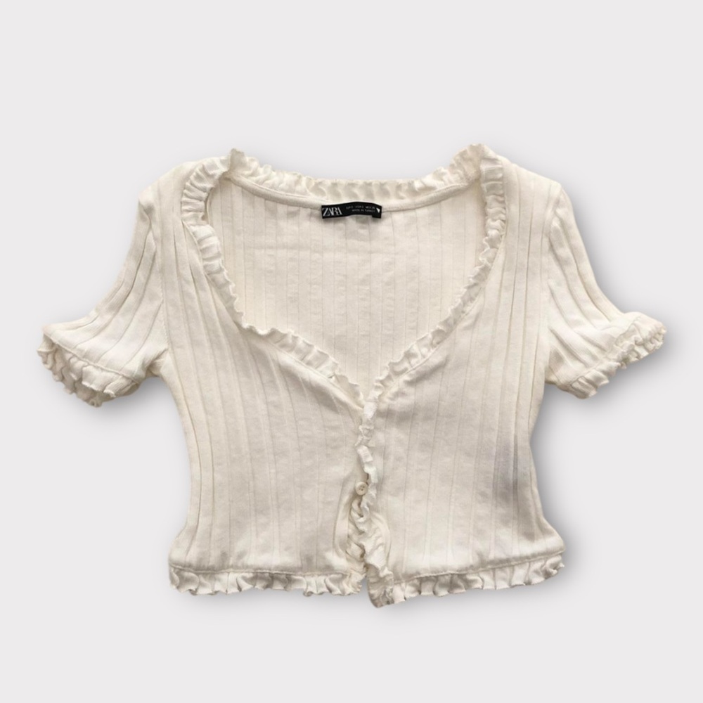 Zara White Ruffled Button Up Ribbed Crop Top
